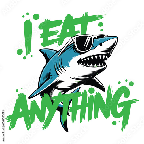 Funny Cartoon Shark Character Wearing Sunglasses Ready to Eat.