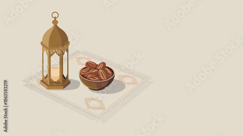 Islamic lantern and bowl of dates on prayer mat for ramadan iftar tradition vector