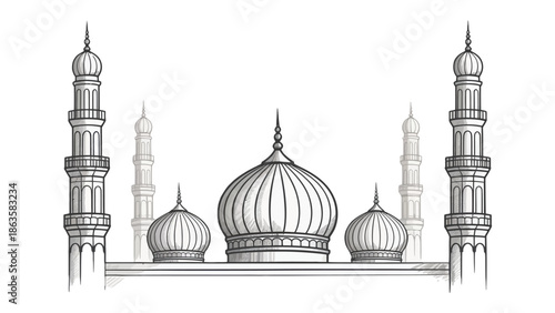 Architectural Serenity: An intricate line drawing presents the elegant silhouette of a majestic building, showcasing its dome and minaret under a clear sky.
