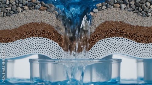 Water Filtering Through Layers of Rocks, Sand, and Filtration Grid