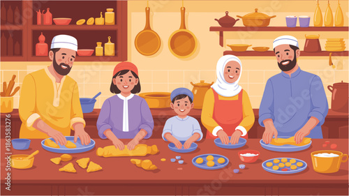 Muslim family cooking traditional food together in kitchen for ramadan celebration