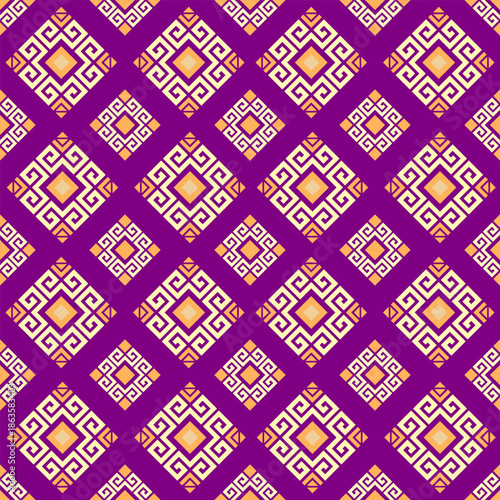 Bohemian Purple Tribal Seamless Pattern with Golden Geometric Shapes, Decorative Ethnic Wallpaper and Upholstery Fabric Design for Home Decor