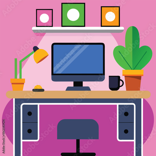 Flat style modern desk workspace with desktop computer and plants