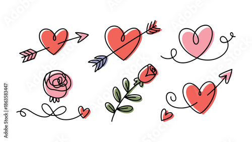 Love's Subtle Symbols: An artistic collection of minimalistic heart-shaped elements, from arrows piercing hearts to delicate roses, illustrating the intricacies of affection and romance.