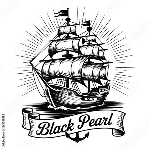 Vintage Black Pearl pirate ship sailing on the ocean waves illustration.