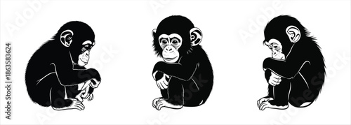 Silent Reflection Trio of Young Chimpanzees in Pensive Illustrations Capturing Quiet Moments