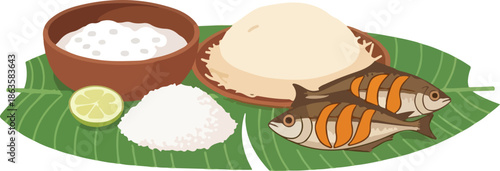 Island Feast: Traditional Rice, Salmon, Curry, and Fresh Coconut on Banana Leaf Platters