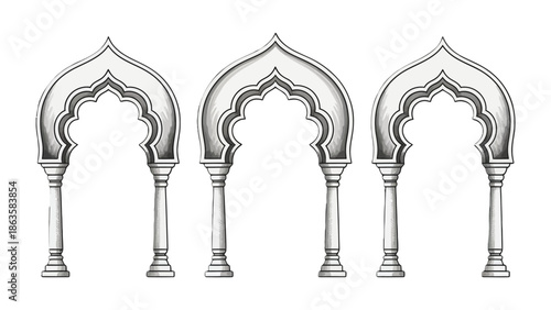 Ornate Arches: Three intricately designed arches stand in stately formation, their detailed craftsmanship and elegant curves creating a sense of timelessness.