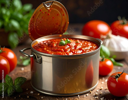 Wallpaper Mural Open can of tomato sauce with surrounding fresh ingredients, bright lit Torontodigital.ca