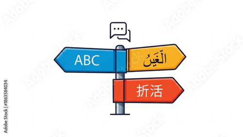 Multilingual Directional Signs with ABC, Arabic, and Chinese Characters on White Background