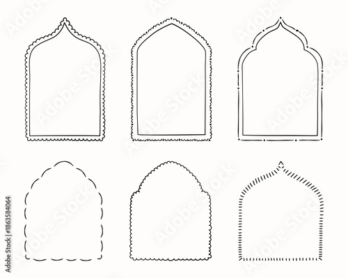 Handdrawn Islamic Arch Decorative Frame. Islamic Doodle Style Mihrab Border Frame. Whimsical Islamic Mihrab Frame with Hand Drawn Lines