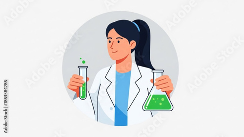 Female Scientist Holding Test Tube and Flask with Green Liquid in Laboratory, Cartoon Style