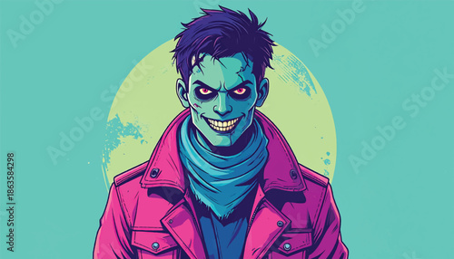 Cartoon Zombie with Pink Jacket and Sinister Grin Illustration.