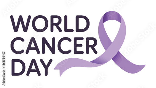 World Cancer Day: A visually striking depiction of a symbolic purple ribbon beside the words World Cancer Day, representing solidarity and support for those impacted by cancer.