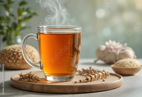 A warm and inviting cup of amber tea with steam rising on a wooden tray, surrounded by natural elements. ashwagandha tea