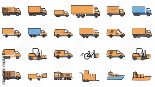 Collection of various delivery vehicles and logistics equipment for transport services.