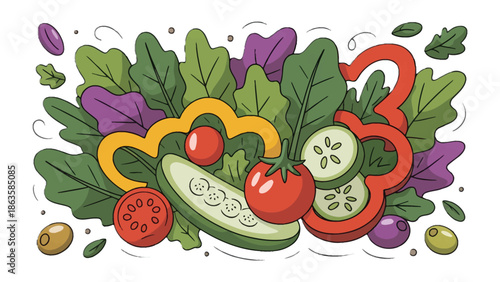 Healthy Salad Feast: A vibrant and colorful depiction of a fresh, nutritious salad, artfully arranged with crisp lettuce, juicy tomatoes, cucumber slices, bell peppers, and olives.