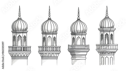Architectural Sketches of Religious Monuments: Intricate pencil sketches display detailed depictions of four unique minarets, showcasing the cultural and architectural beauty of religious monuments.