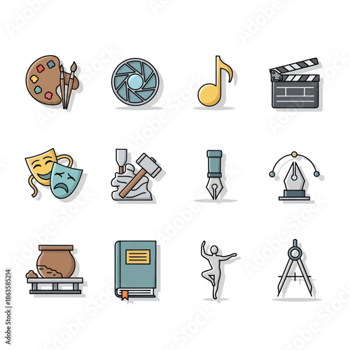 Collection of colorful art and culture icons representing various creative disciplines.