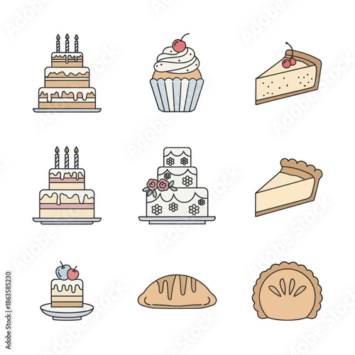 Фотография Collection of Colorful Cake and Dessert Icons.