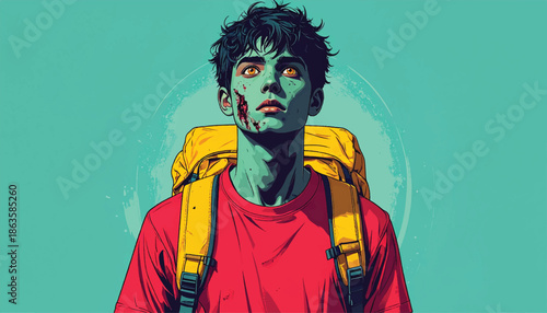 Zombie Delivery Guy with Backpack Looking Upwards in Despair.