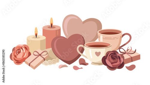 Romantic Ambiance: A charming composition of candles, hearts, roses, cups, and gifts evokes an atmosphere of love and tenderness, perfect for expressing heartfelt emotions. 