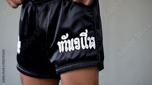 Close-up views of black Muay Thai shorts with traditional Thai script design displayed