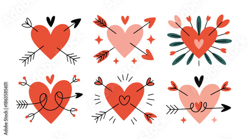 Love's Embrace: Collection of hearts pierced by arrows symbolizing romance, passion, and love, perfect for Valentine's Day or expressing affections.