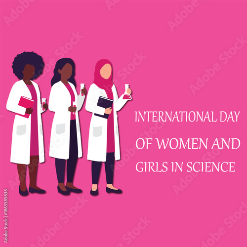 Women scientists vector with lab gear and bright pink background for International Day of Women and Girls in Science