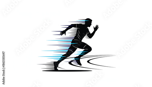 Silhouette of a Runner in Motion with Dynamic Blue and Black Streaks in Modern Minimalist Style for Fitness Branding