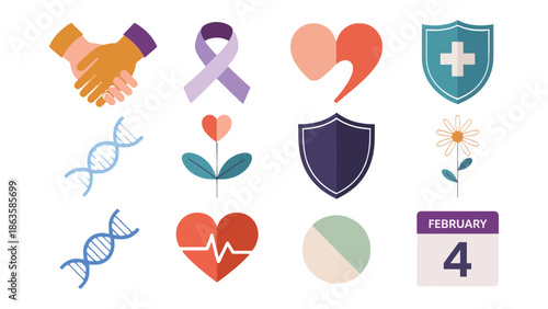 Symbolic Icons: A collection of health, love, and unity symbols. Illustrated to represent collaboration, support, and care, perfect for health awareness and community.