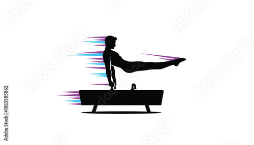 Gymnast performing balance beam routine in dynamic motion with vibrant colorful streaks in modern graphic illustration for fitness