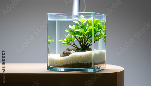 Nano tank aquascape, 5-gallon glass cube with a single Anubias plant, fine sand, minimal hardscape, crystal-clear water, small-space modern aesthetic