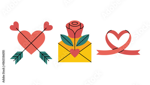 Love's Symbols: Expressing affection with stylized images of arrows through the heart, romantic rose, and ribbon-shaped heart, this set represents the sentiments of love, romance, and the special day.