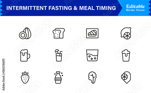 Intermittent Fasting and Meal Timing – Premium Line Icon Set with Modern Minimal Design and Editable Vector Symbols