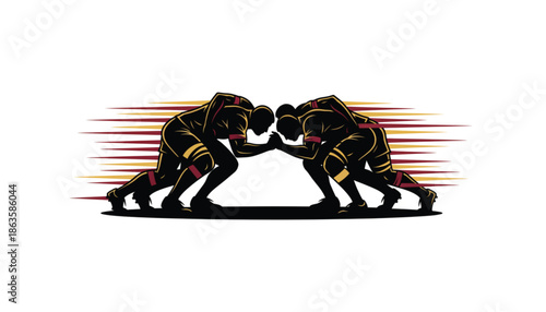 Wrestlers in Action Silhouette with Dynamic Motion Lines in Black and Red on White Background for Sports Illustration