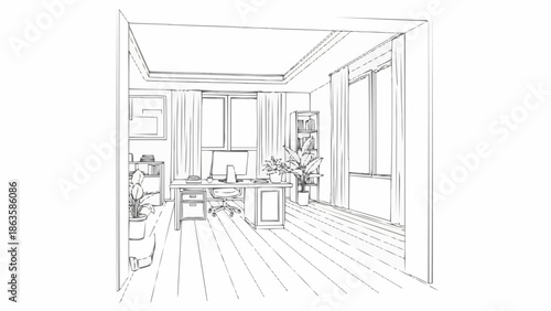 Interior design sketch of a modern home office space.