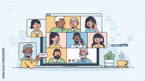 Diverse group of people collaborating in a virtual meeting online.