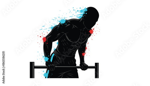 Silhouette of muscular man lifting dumbbell in dynamic pose with blue and red accents in modern graphic style for fitness branding