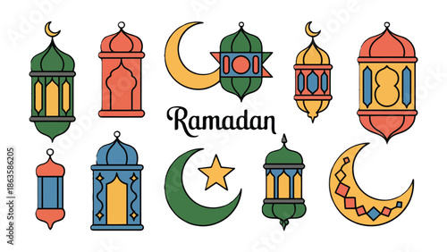 Ramadan Celebration Illustration: A colorful array of traditional lanterns and crescent moons, symbolizing the spirit and traditions of Ramadan, is presented in a charming illustration. 