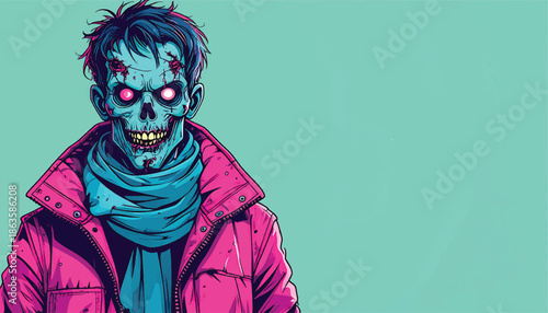 Zombie in a pink jacket with glowing eyes illustration.