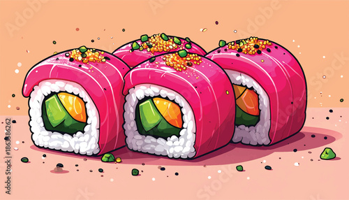 Vibrant Sushi Rolls with Tuna and Avocado Illustration.