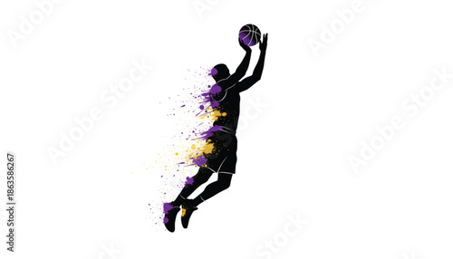 Basketball Player Silhouette in Dynamic Motion with Vibrant Purple and Yellow Splatters in Dramatic Lighting for Sports Marketing