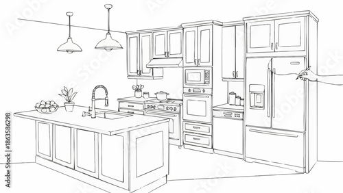 Modern Kitchen Interior Design Sketch with Island and Appliances.