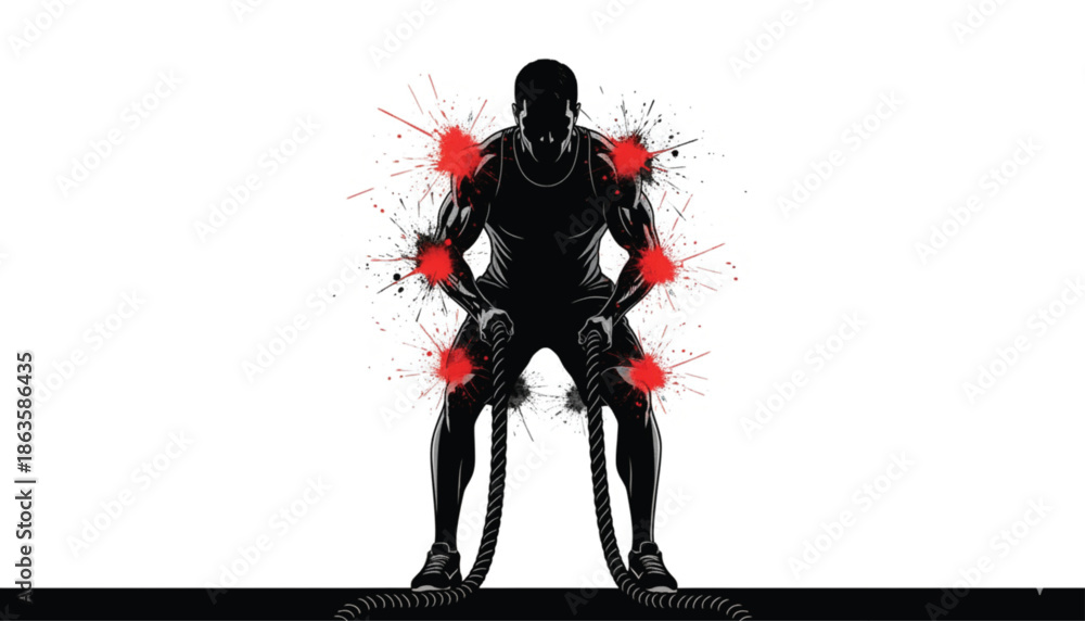 Fototapeta premium Athletic battle ropes workout silhouette with red paint splatter, muscular man performing high intensity functional training, fitness and crossfit vector illustration