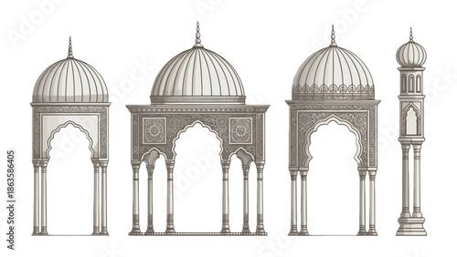 Architectural Embellishments:  An architectural illustration showcasing intricate details of ancient domes. Featuring ornate arches and columns, each structure exhibits a unique design. 