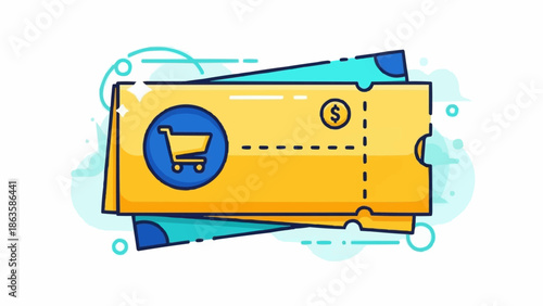 Two yellow discount coupons with shopping cart icon and dollar sign.