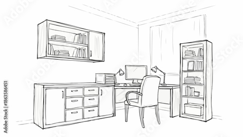 Sketch of a modern home office interior design with desk and furniture.