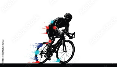 Cyclist in motion with dynamic splashes in black silhouette on white background for sports branding