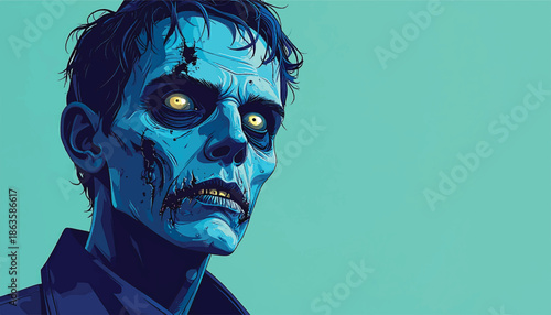 Intense Zombie Portrait with Glowing Eyes and Blue Skin.